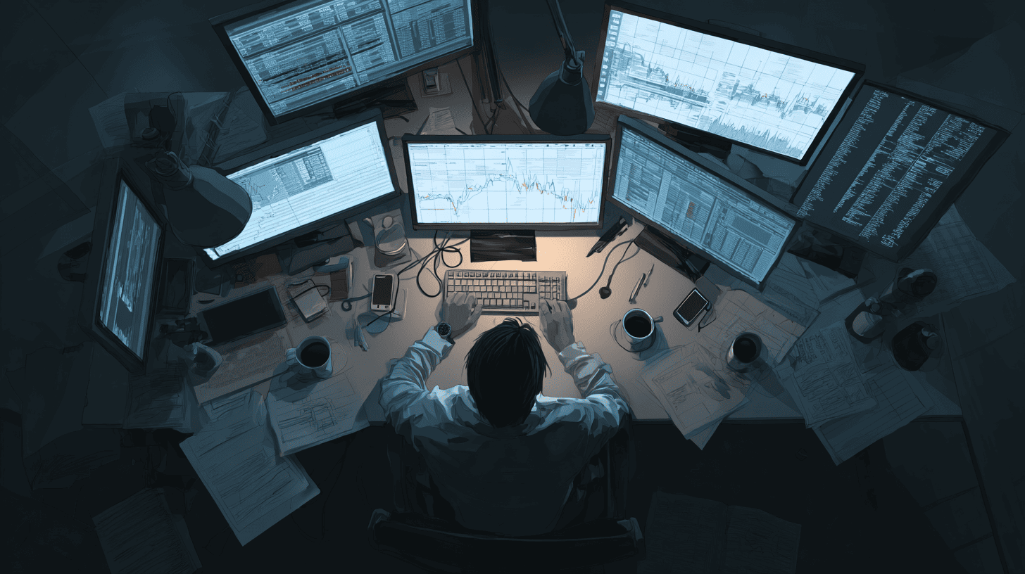 Data analyst overwhelmed by multiple screens and complex traditional data analysis workflow