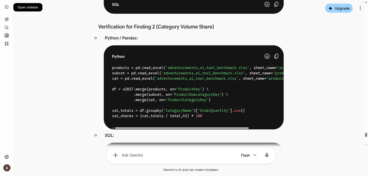 Google Gemini showing Python verification code that joins the product dimension tables and calculates 2017 category unit shares.