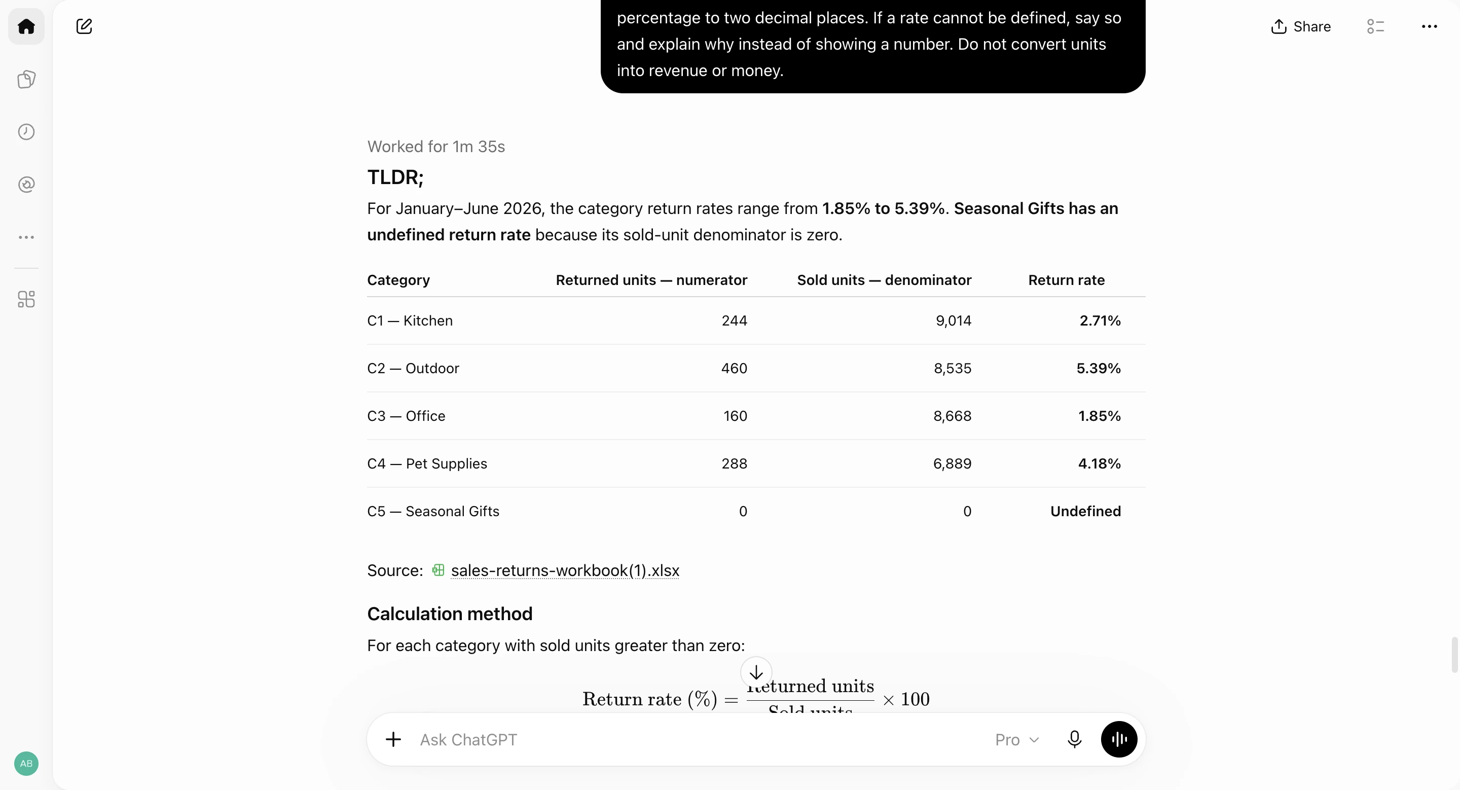 ChatGPT answer in run 2: a table with Kitchen 244 of 9,014 (2.71%), Outdoor 460 of 8,535 (5.39%), Office 160 of 8,668 (1.85%), Pet Supplies 288 of 6,889 (4.18%) and Seasonal Gifts undefined, followed by the source file name.