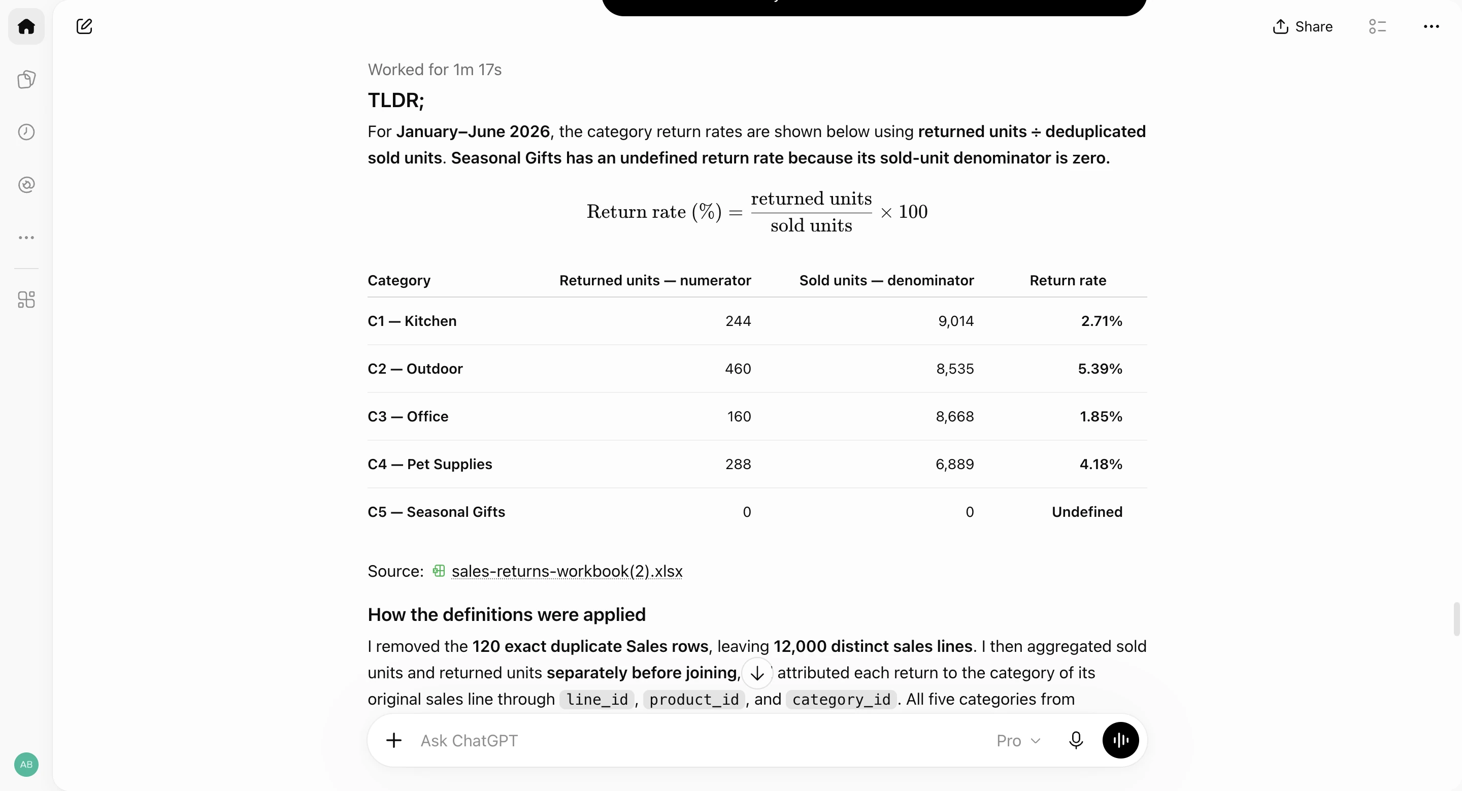 ChatGPT answer in run 3: the return-rate formula, then a table with Kitchen 244 of 9,014 (2.71%), Outdoor 460 of 8,535 (5.39%), Office 160 of 8,668 (1.85%), Pet Supplies 288 of 6,889 (4.18%) and Seasonal Gifts undefined, and a note that 120 exact duplicate Sales rows were removed.