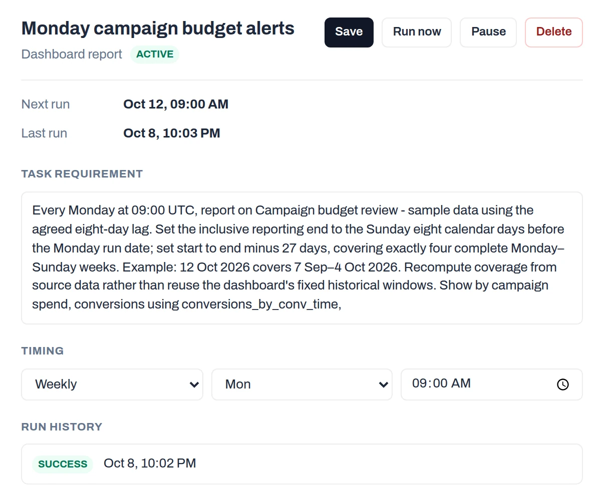 Saved Anomaly schedule Monday campaign budget alerts, a dashboard report marked active, next run Oct 12 at 09:00 AM, with a task requirement that applies the agreed eight-day lag, weekly timing on Monday at 09:00 AM, and a run history showing one successful run on Oct 8.