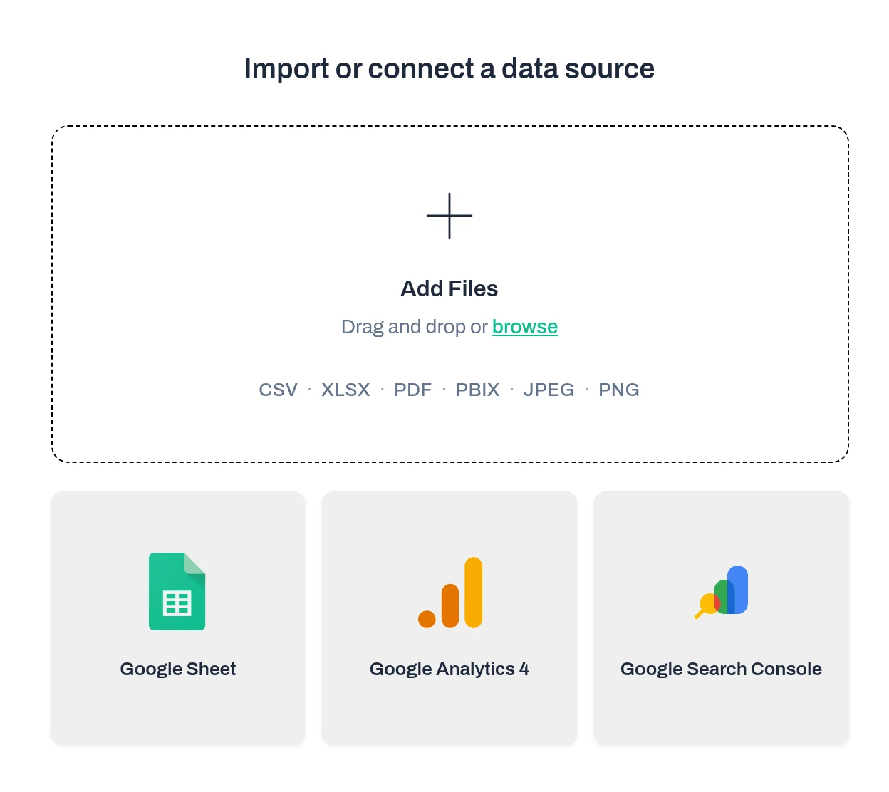 Anomaly Import or connect a data source screen with an Add Files area for CSV, XLSX, PDF, PBIX, JPEG and PNG files, and connector tiles for Google Sheet, Google Analytics 4 and Google Search Console.