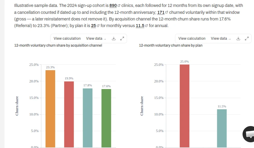 Bar charts of 12-month voluntary churn for the 2024 sign-up cohort: by channel (Partner 23.3%, Paid 19.9%, Organic 17.8%, Referral 17.6%) and by plan (monthly 25.0%, annual 11.5%).