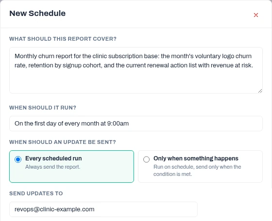 Anomaly's New Schedule dialog set up to email a monthly churn report: a description of what the report covers, a run rule of on the first day of every month at 9:00am, the every-scheduled-run option to always send the report, and an email recipient.