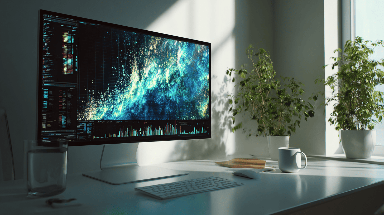 Modern AI-powered data analytics workspace with clean dashboard visualizations
