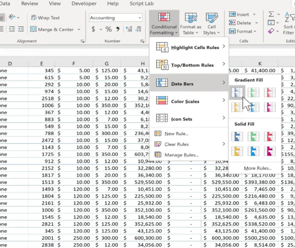 Applying conditional formatting with Quick Analysis