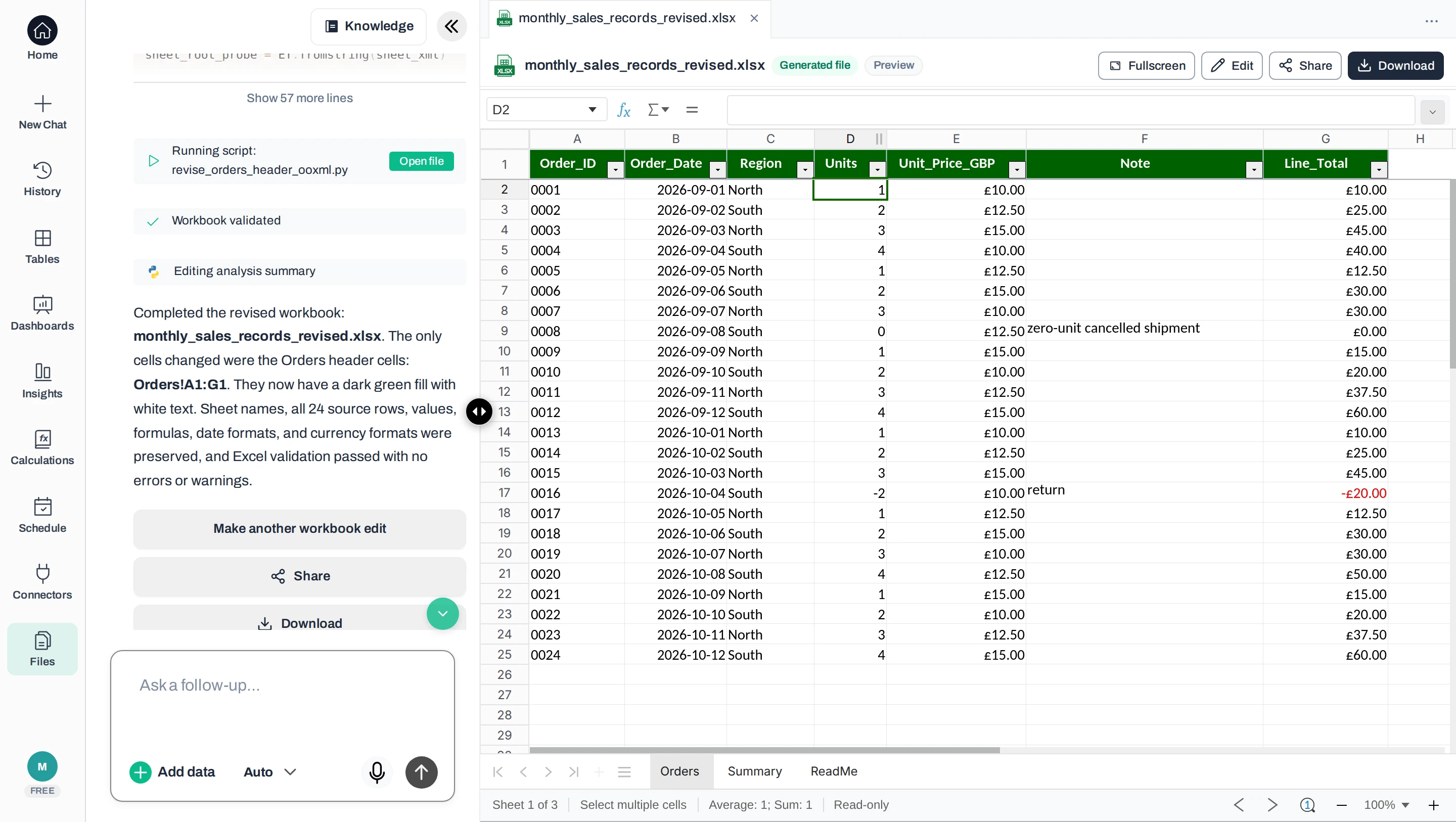 Anomaly chat reply: Completed the revised workbook monthly_sales_records_revised.xlsx; the only cells changed were Orders!A1:G1, now a dark green fill with white text, with sheet names, all 24 source rows, values, formulas, date formats and currency formats preserved. Beside it, the revised workbook is open on Orders with a dark green header row and the same 24 rows.