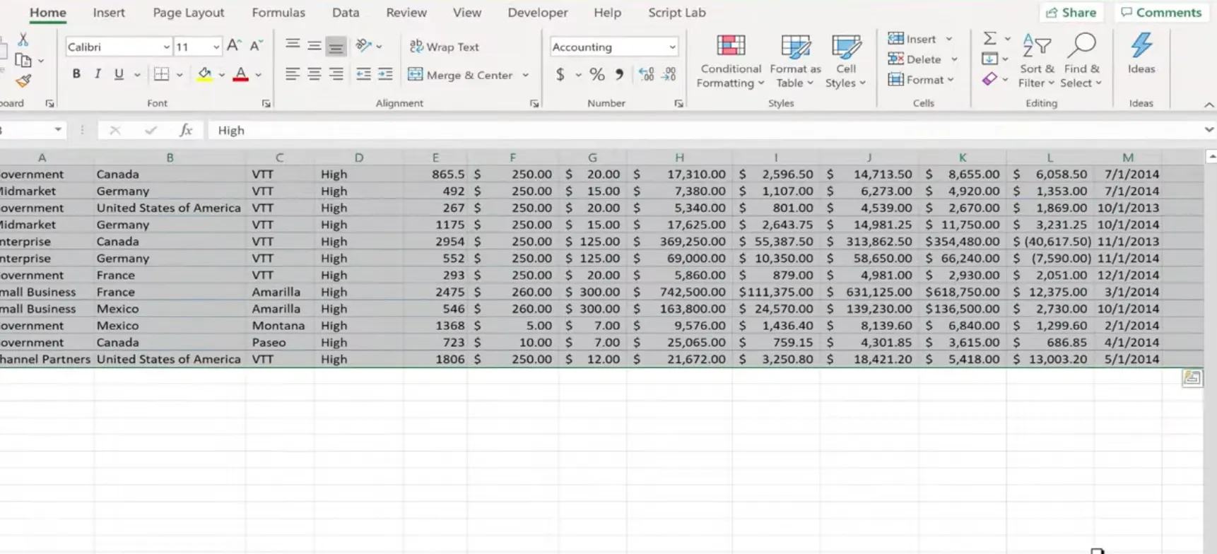Selecting data range in Excel