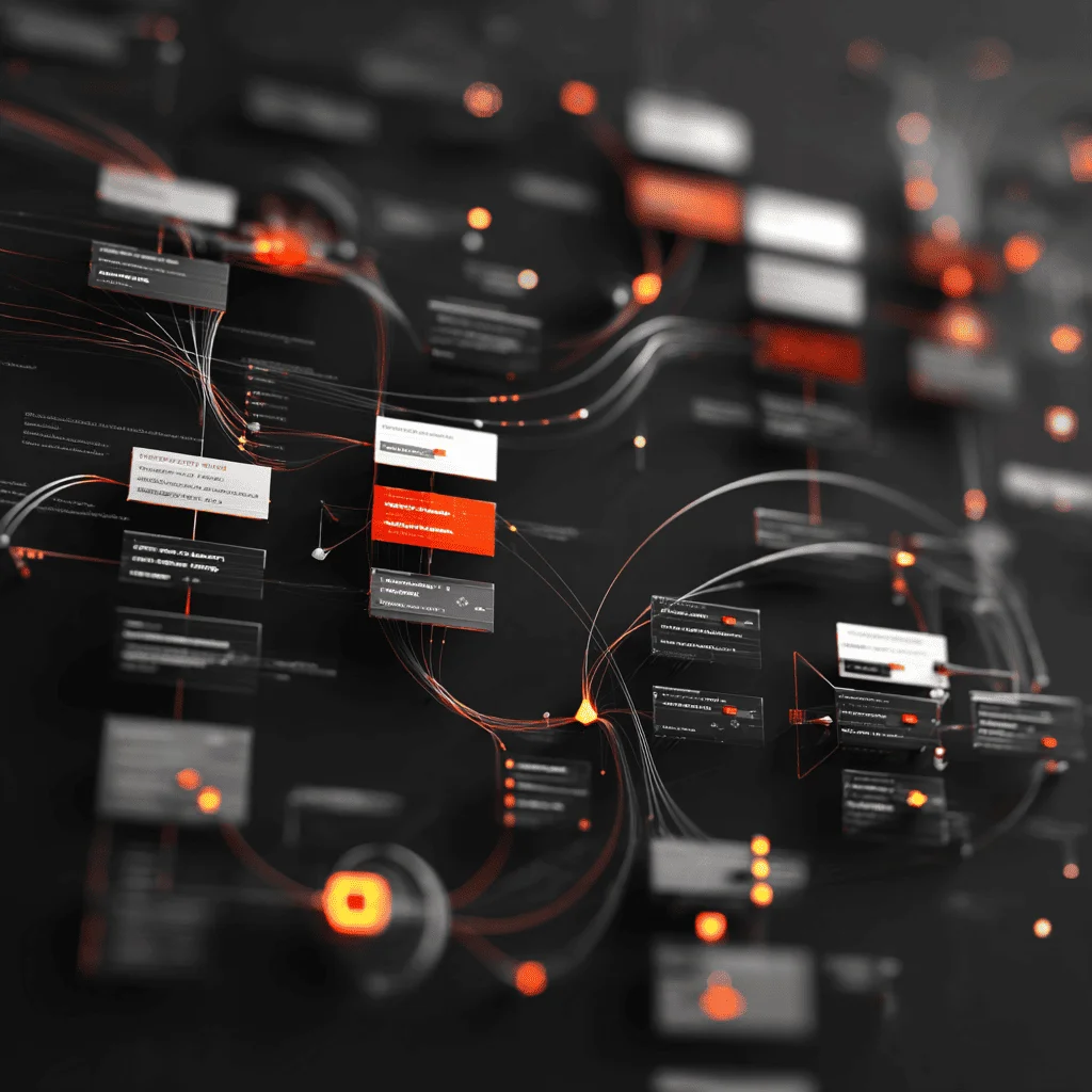 Database architecture diagram with connected tables represented as glowing boxes