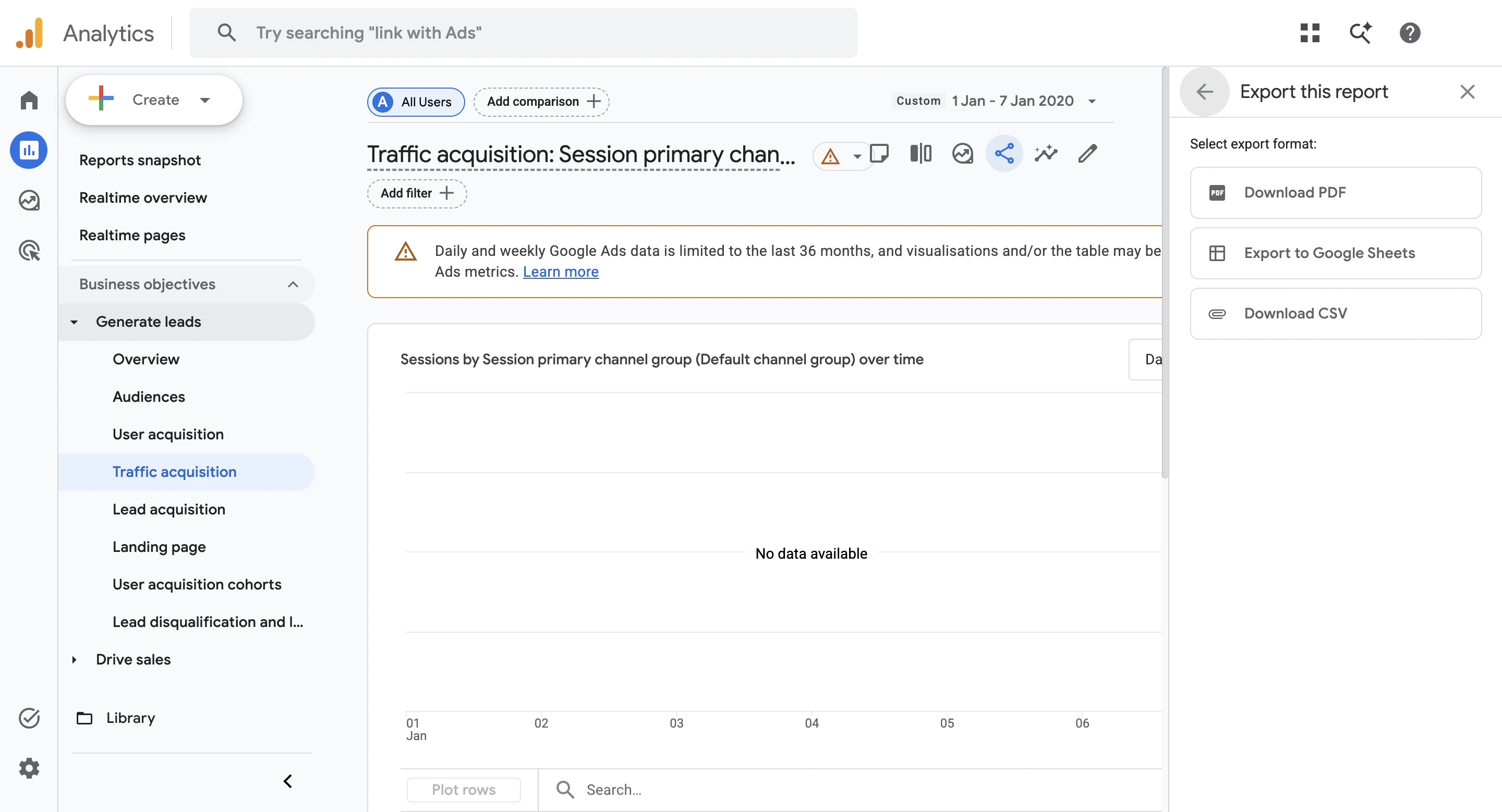 GA4 Traffic acquisition report by Session primary channel group with the Export this report panel open on the right, listing Download PDF, Export to Google Sheets and Download CSV. The report area shows No data available for 1 to 7 January 2020.