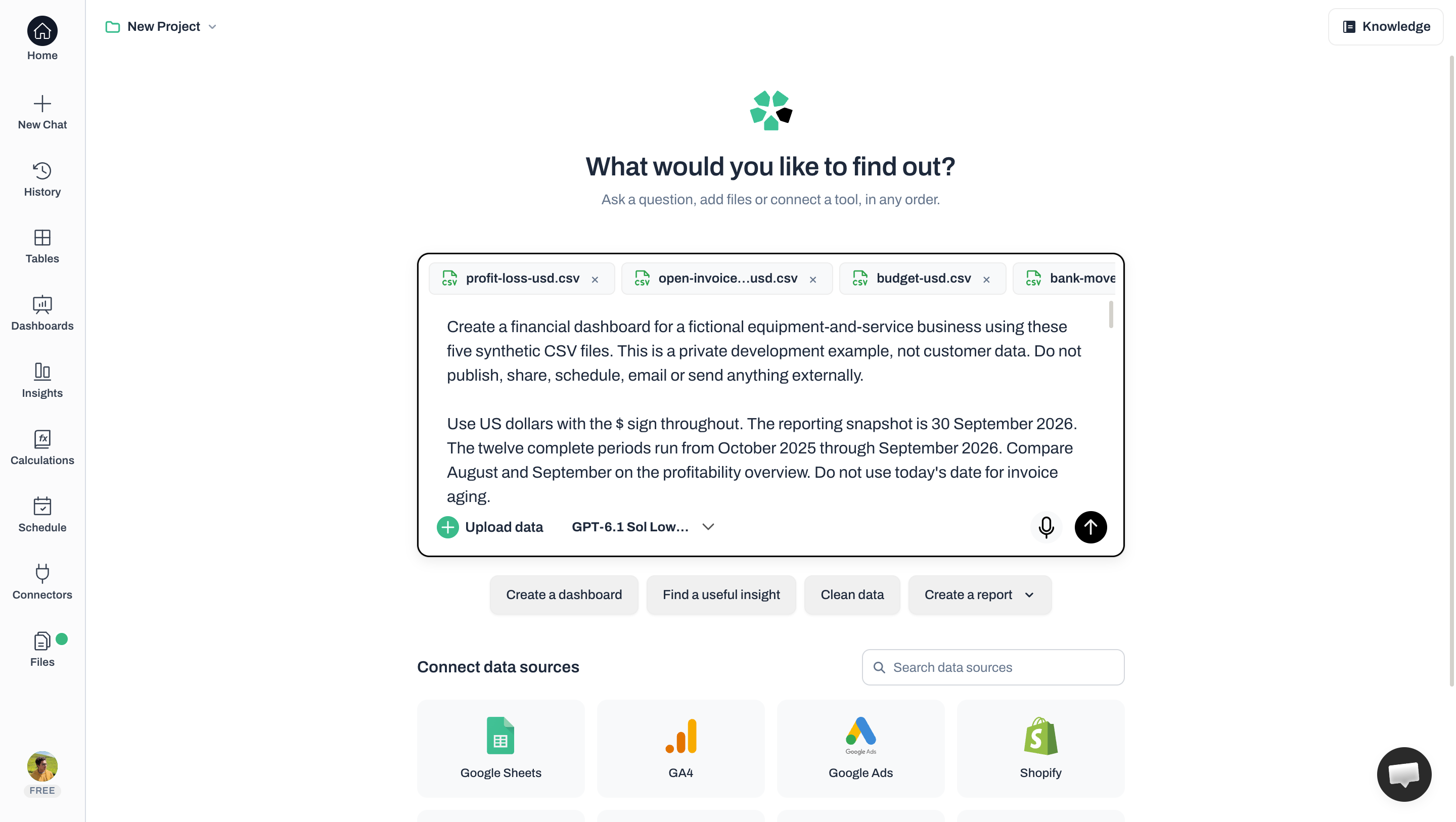 Anomaly new-chat screen with the synthetic profit-and-loss, open-invoice and budget files attached and a fourth bank file partly visible, above the dashboard request.
