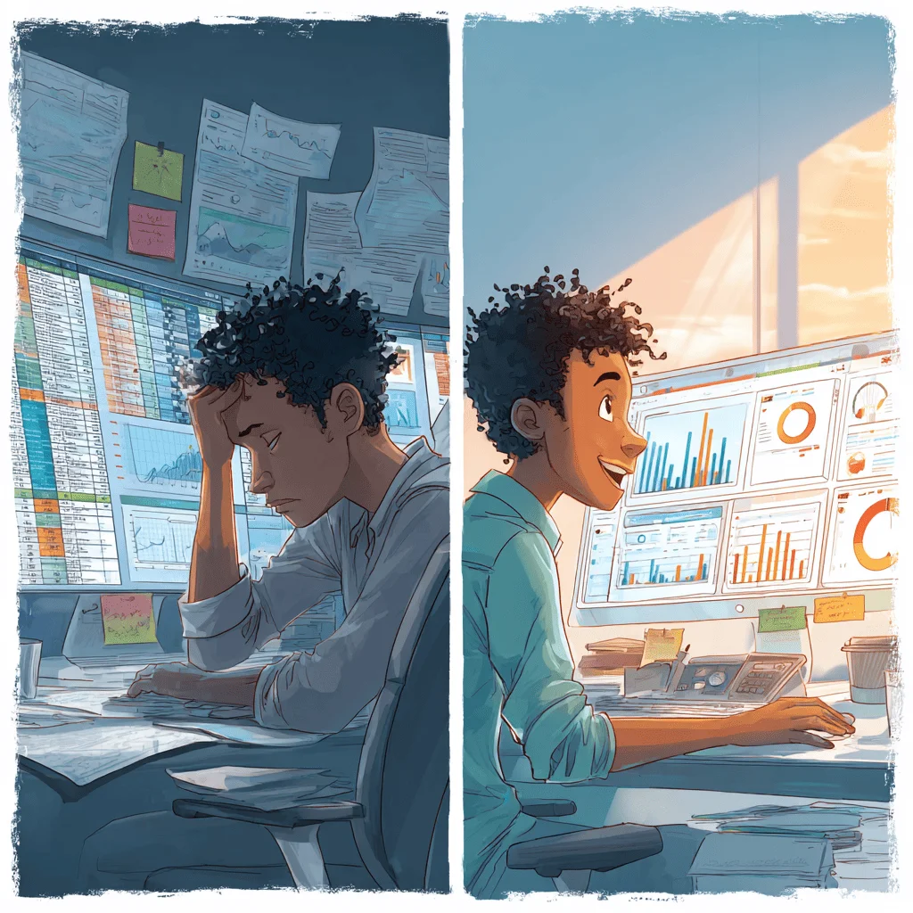 Split-screen illustration showing a transformation in a data analyst's work experience.