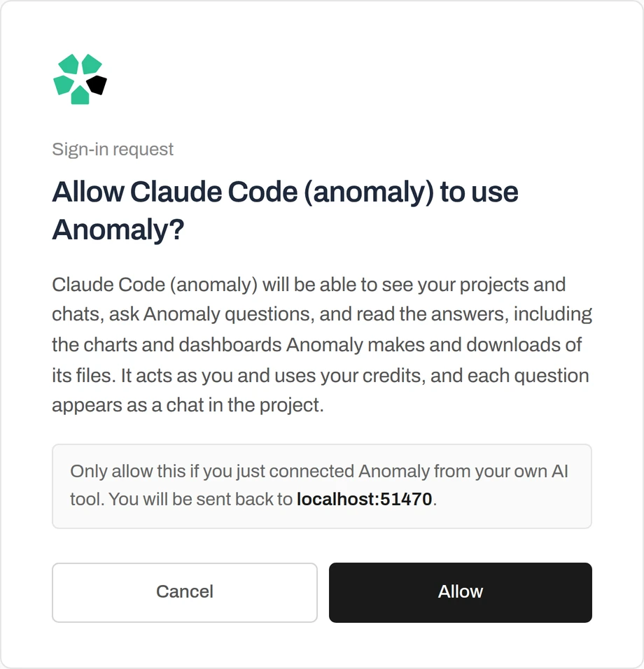 Anomaly sign-in request reading “Allow Claude Code (anomaly) to use Anomaly?”, explaining that it can see your projects and chats, ask questions and read the answers, acts as you and uses your credits, with Cancel and Allow buttons