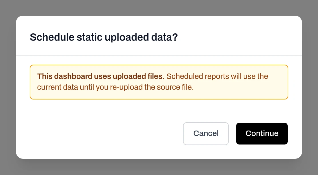 Dialog Schedule static uploaded data?: this dashboard uses uploaded files, and scheduled reports will use the current data until you re-upload the source file; buttons Cancel and Continue.