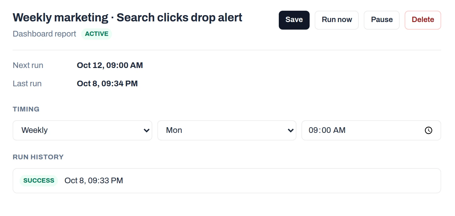 Schedule panel for Weekly marketing · Search clicks drop alert, a dashboard report marked ACTIVE: next run Oct 12, 09:00 AM, last run Oct 8, 09:34 PM, timing Weekly on Mon at 09:00 AM, and one run history entry, SUCCESS on Oct 8, 09:33 PM.