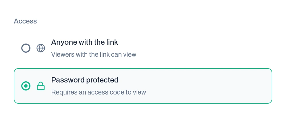 Access options for a dashboard share link: Anyone with the link, where viewers with the link can view, or Password protected, selected, which requires an access code to view.